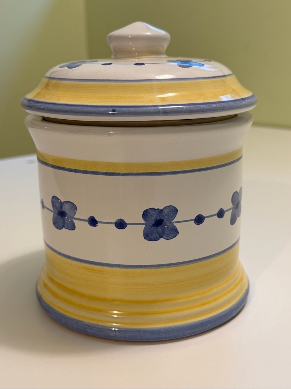 Vtg Caleca Marina Hand-Painted Italian Pottery Lid Canister Blue & Yellow Tuscan